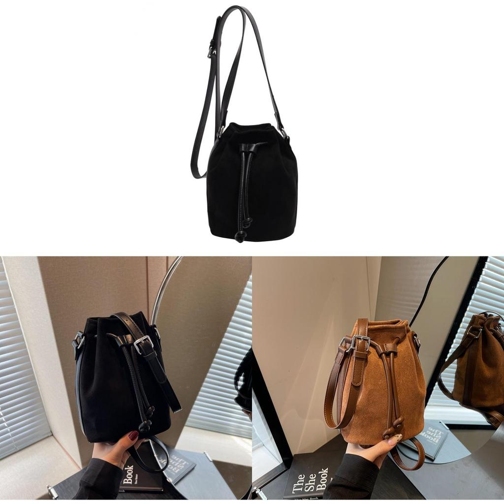 Vintage Suede Water Bucket Bag With Drawstring Closure For Daily Use Women