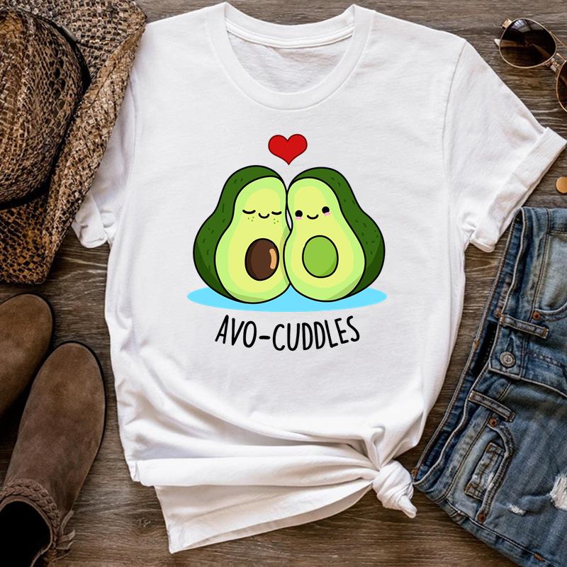 Europäische Größe Damen Print Lustiges Gesicht Frucht Avocado T-Shirt Top Mode T-Shirt Frau Weiblich T-Kleidung Kurzarm Grafik-T-Shirts