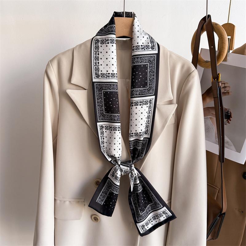 Women Silk Feel Printed Design Scarf Shawl Luxury Long Narrow Small Silk Scarves Ladies Headband Headscarve