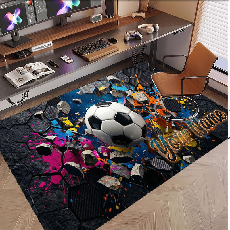 Fußball-Thema Weicher Kristall-Samt Teppich Benutzerdefinierter Name & Text Druck Rutschfester Boden Teppich für Schlafzimmer Wohnzimmer