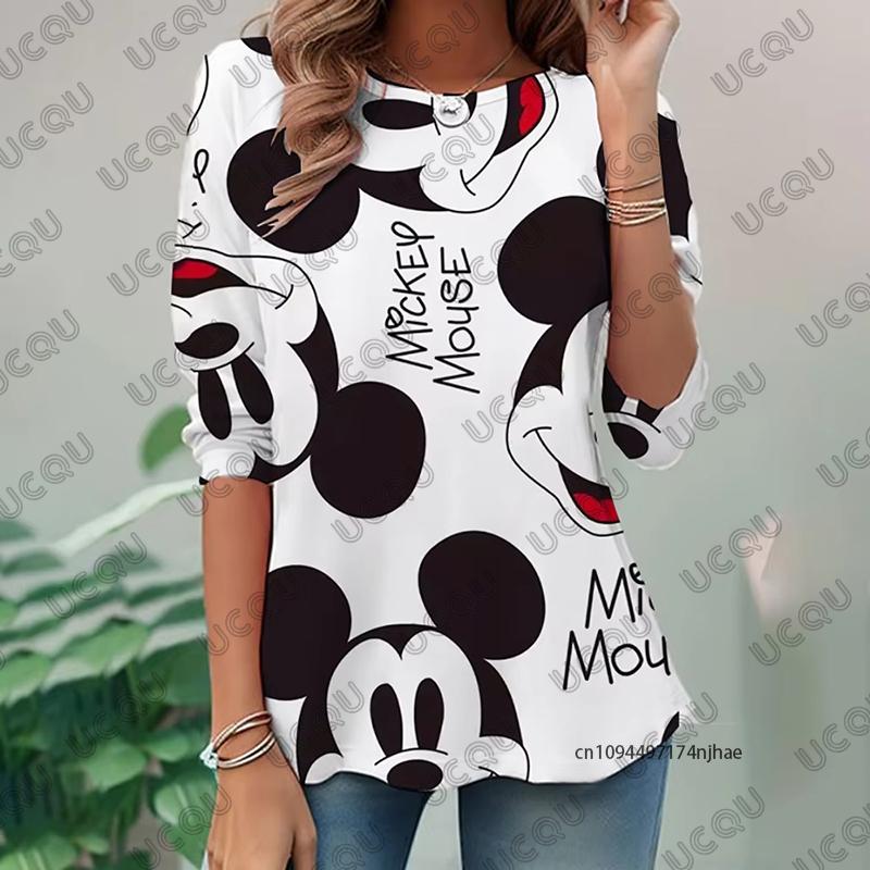 

Cartoon Disney Mickey Mouse Print Womens Long Sleeve Tshirt Autumn Fashion Oneck Tees Casual Pullover Oversized Y2K Tops M