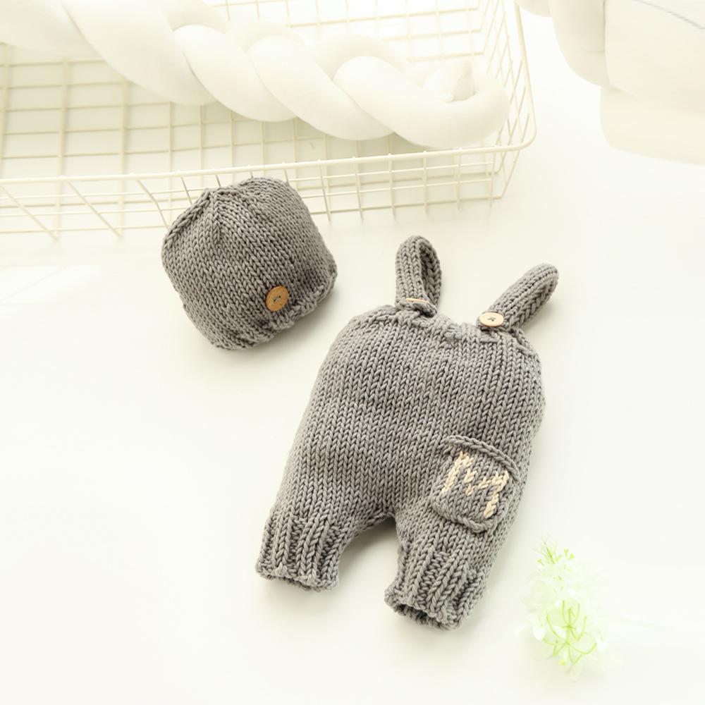 2020 Newborn Photo Props: 2-Color Knit Baby Overalls & Hat Set