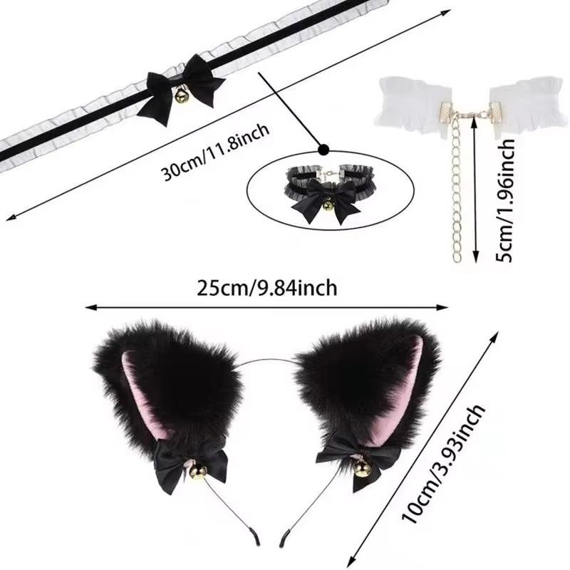 Cute Plush Cat Ear Headband Fashionable Cosplay Bow Bell Cat Ear Headband Lace Bell Necklace Set Women's Party Costume Headwear