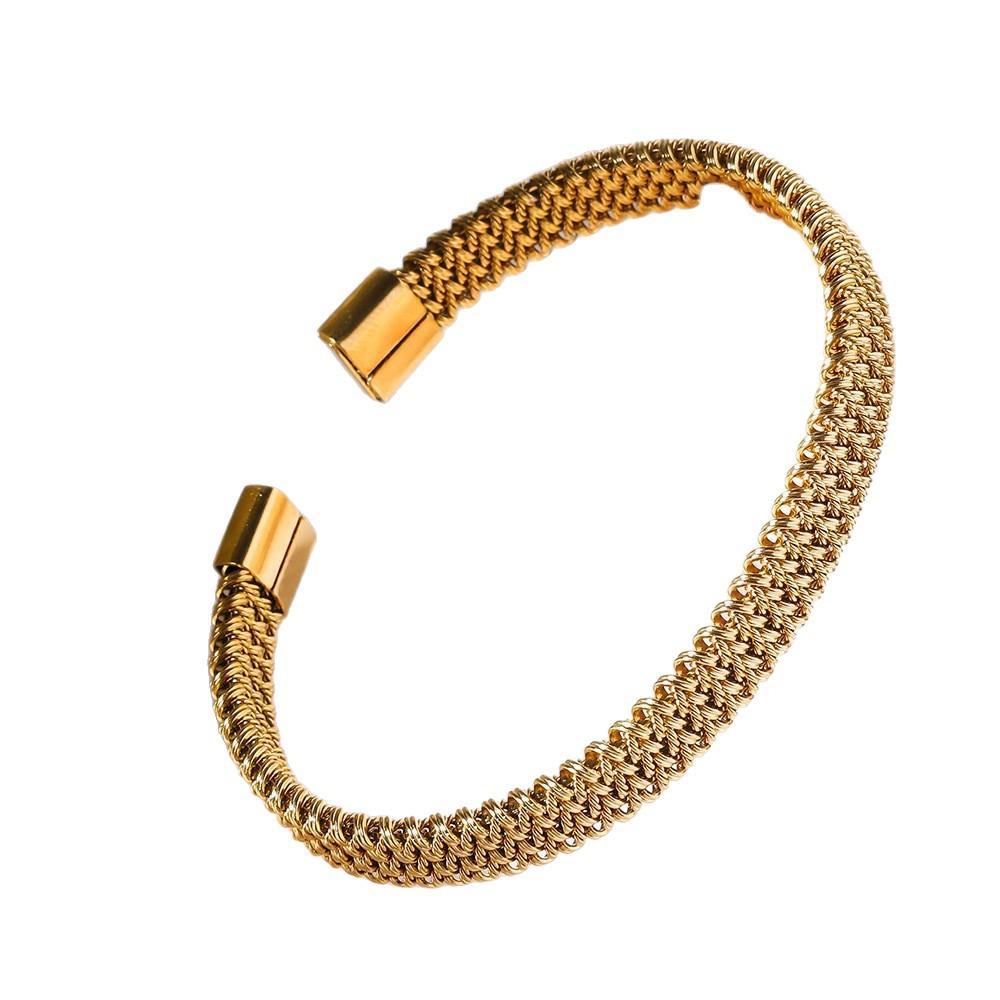 Gold-Plated Titanium Steel Open Cuff Bracelet - European & American Fashion Woven Design