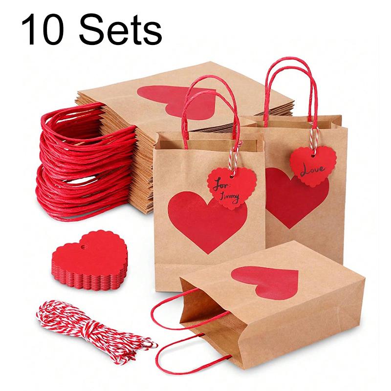 10Pcs/Set Shopping Tote Bag DIY Red Heart Anniversary Party Decor Gift Packing Bags Wedding with Tag Kraft Paper Valentine's Day