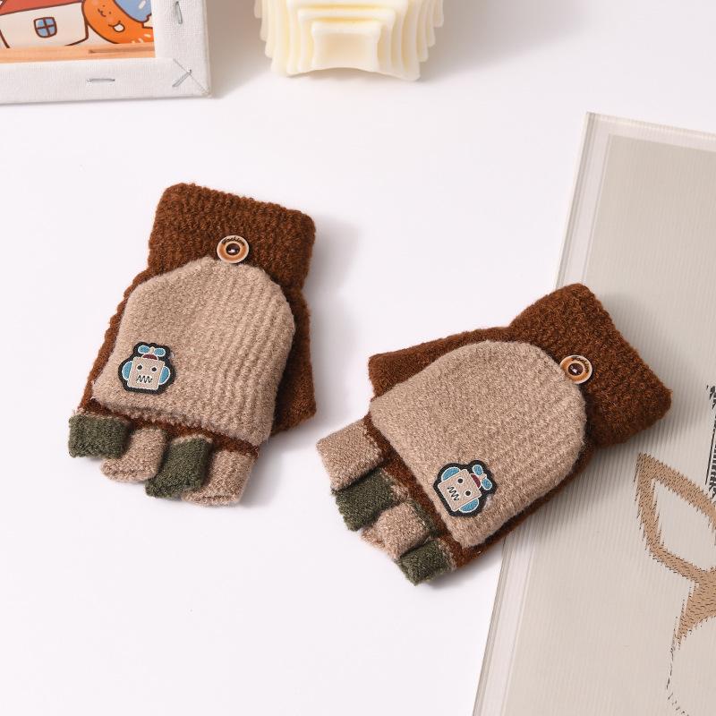 Fashion Children Flip Gloves 5-14Year Kids Half Finger Mittens Cycling Baby Winter Hand Warmer Boys Thicken Woolen Knitted Glove