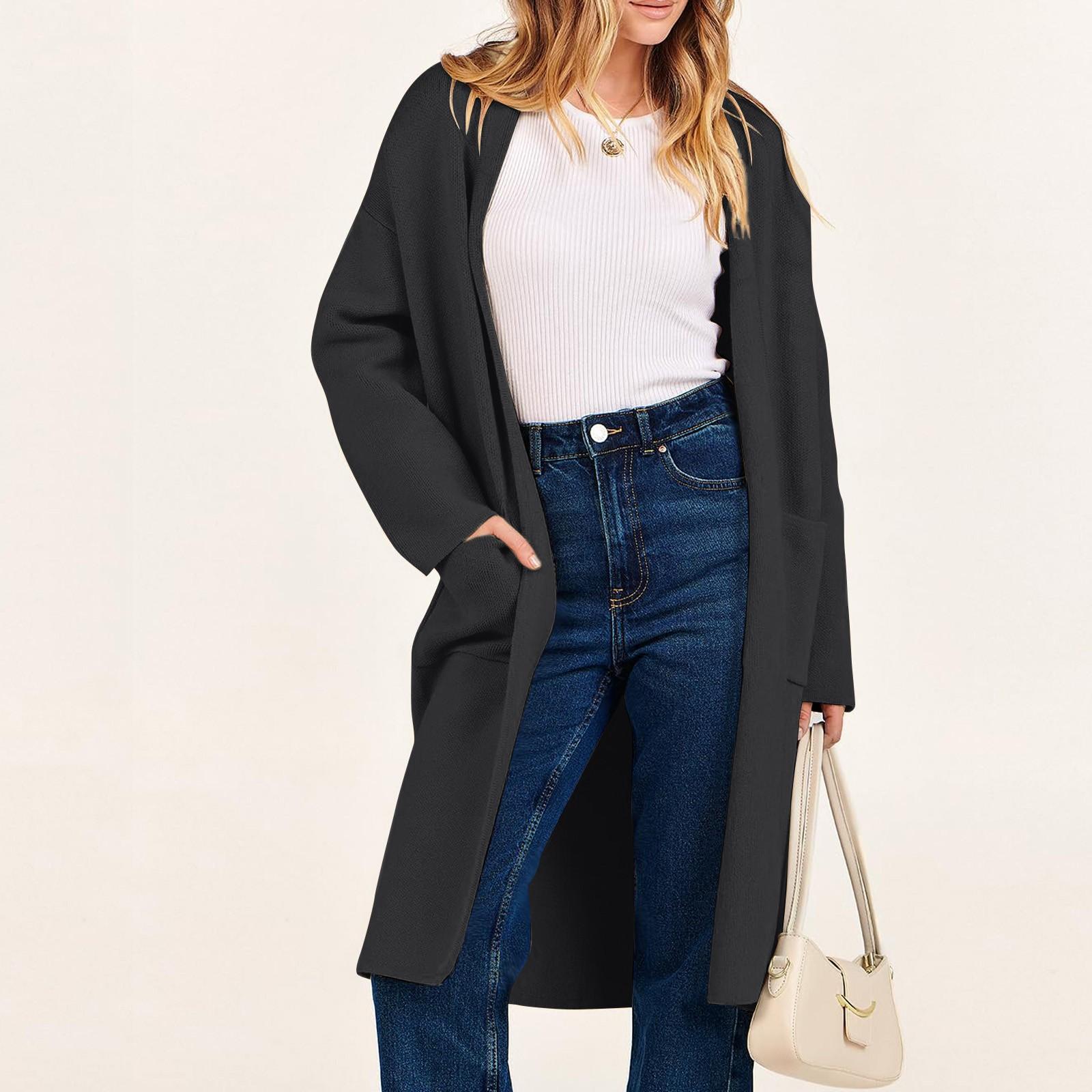 

Женские длинные вязаные кардиганы, свитера с длинными рукавами и открытой передней частью, повседневная куртка, пальто, верхняя одежда с карманами M чёрный