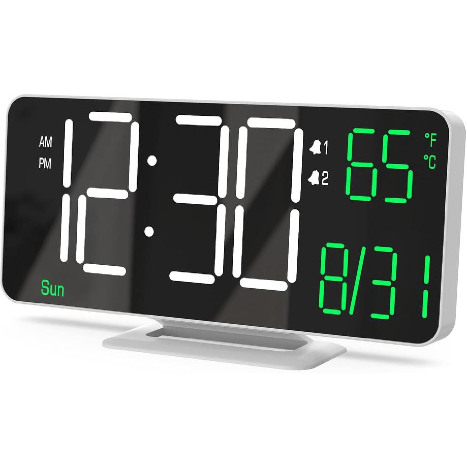 KOSUMOSU Digital Clock for Bedroom 6.7in Small Digital Alarm Clock Black, Dimming,12/24h,Date,Day of Week, Indoor Temperature,Desk Clocks for