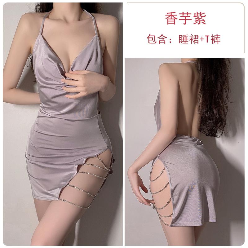 Women's Silky Cowl Neck Deep V High Slit Backless Sleep Dress Lingerie Set