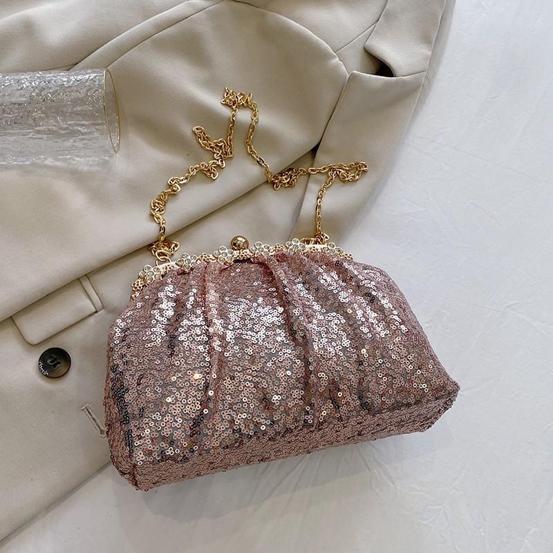 Torebka Celebrytki Damska 23 Niszowa Płatki Sequins Inkrustowana Diamentami Żelazne Usta Kopertówka Błyszcząca Jednoręczna Na Krzyż Kolacja