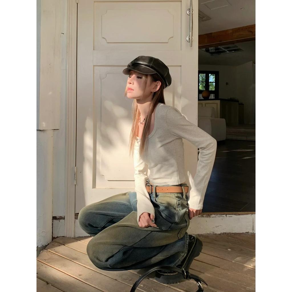 [Original Quality] Simple Casual Large Neckline U-neck Solid Color Long-sleeved Bottoming Shirt for Women's Autumn Slim and Versatile T Women