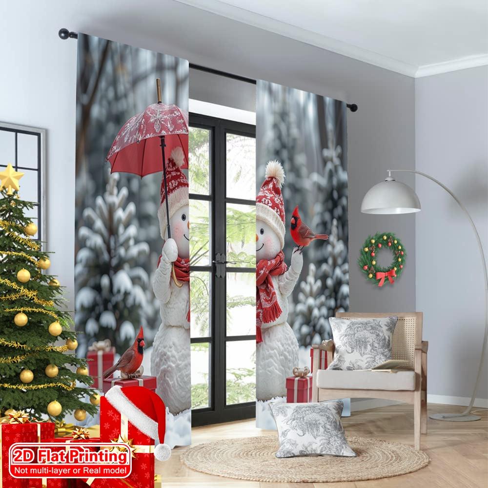 2pcs 2D Flat Printing Christmas Party Curtain Cute Snowman Christmas Scene Gifts Polyester Without Electricity Party Decorations