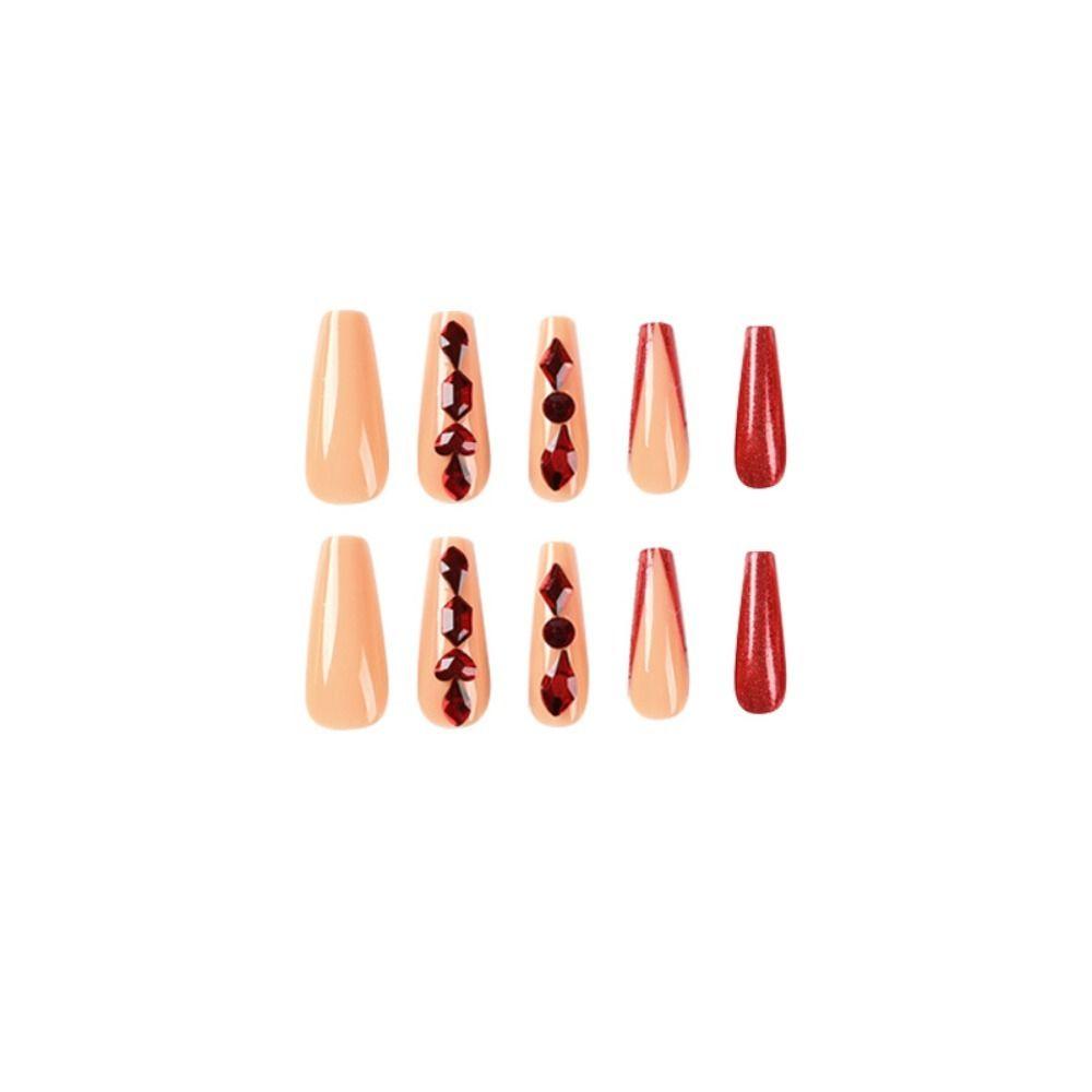 24pcs Detachable Full Cover Press On Nails DIY Long French Fake Nails Ballerina Red Crystal