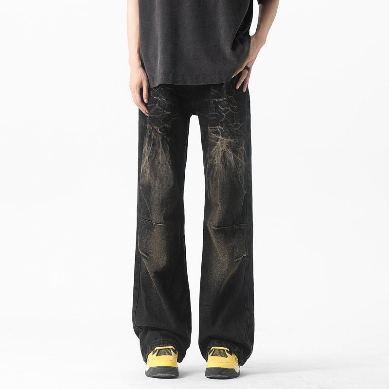 American retro jeans men's loose straight pants high street trendy brand versatile washed old wide-leg casual trousers