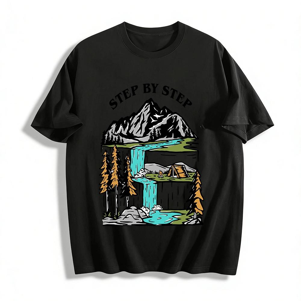 

Step By Step Outdoor Hiking Camping Layered Mountain Graphic Tee Pure cotton T-shirt XXS