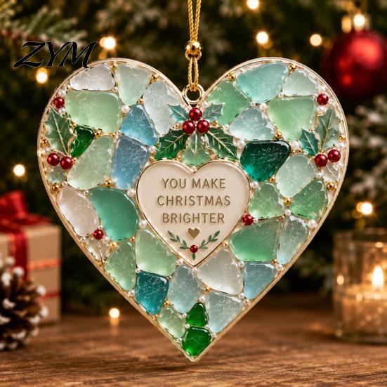 Coastal Style Holiday Decor 2Pcs Sea Glass Christmas Ornament, Seaglass Heart Bird Angel Tree Star Party Decoration Snowman Pendant, Handmade