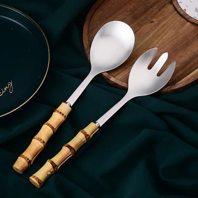 Paslanmaz Çelik Salata Çatalı Haşlanmaya Karşı Dayanıklı Bambu Saplı Hepsi Bir Arada Servis Kaşığı Makarna Çatalı Meyve Tatlı Çatalı ve Kaşığı Çatal Bıçak Takımı