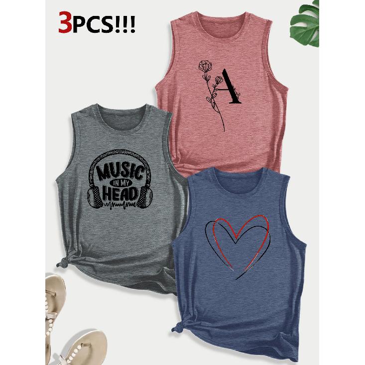 Music-themed Letter and Heart Combination Gift Print Pattern Round neck3Pack of Sleeveless Vests for Women In Spring, Summer, and Autumn