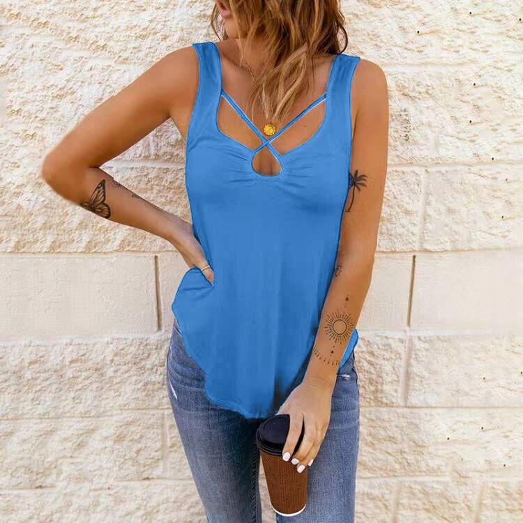 Summer Women's Tank Top Plus Size Cross Solid Colour Vest Sexy Cami Tank Top