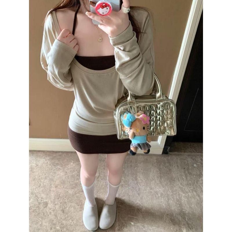 Kumikumi Idle Style Coffee Color Long sleeves Shirt Inner wear Hanging Neck Sling Women Autumn Slimming Skirt Three-Piece Set