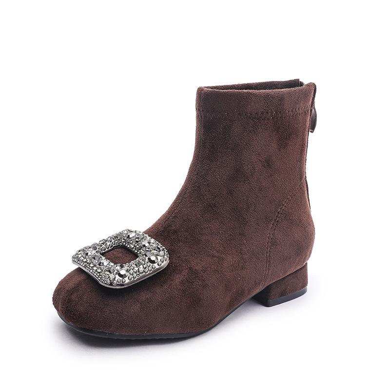2025 new girls high heels shiny girls square head rhinestone buckle short boots autumn and winter warm temperament suede fashion boots