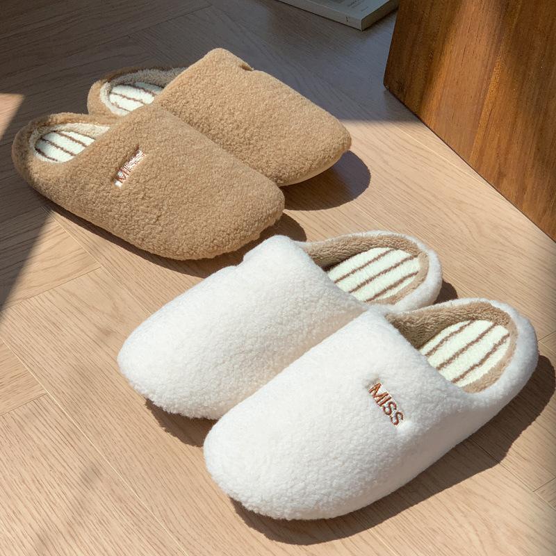 New Home Simple Striped Slippers Autumn and Winter Indoor Home Velvet Warm Non-slip Couple Cotton Slippers