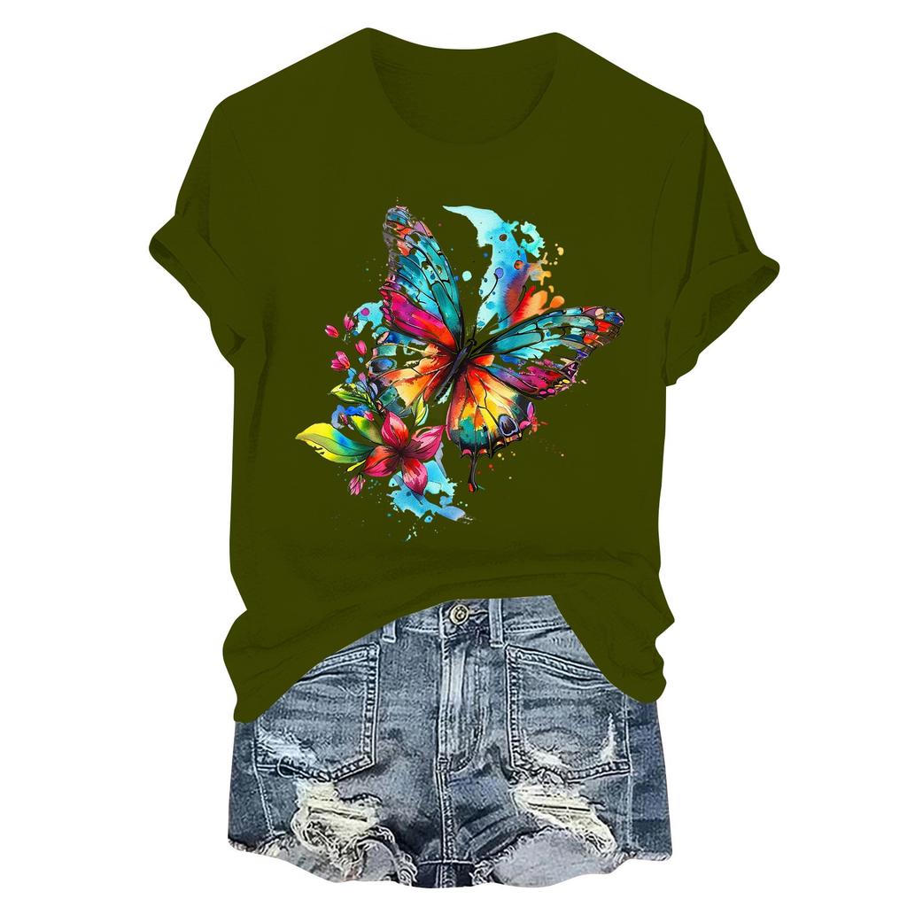 Women's Fashion Printed Casual Pleated Round Short Sleeve T-Shirt Top