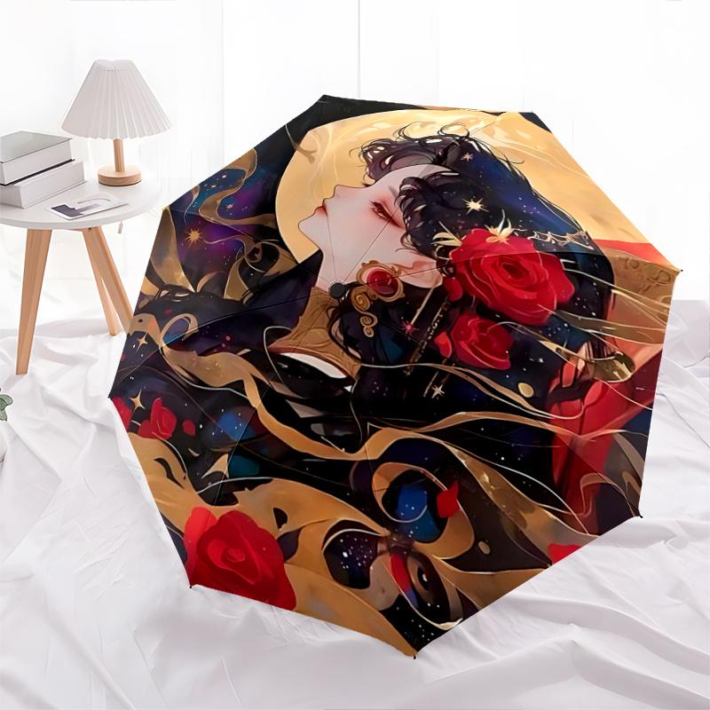 1pc Starry Night Rose Automatic Folding Umbrella, Portable 3-Fold Design with Iron Frame, Perfect for Outdoor Use, Festive Gifts, Travel, Daily U