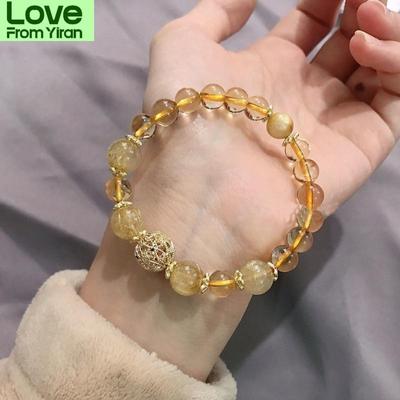 Natural Rutilated Quartz Citrine Crystal Stone Beads Handmade Strand Stylish Jewelry Bracelets Women Adjustable Charms Trendy Giveaway Present