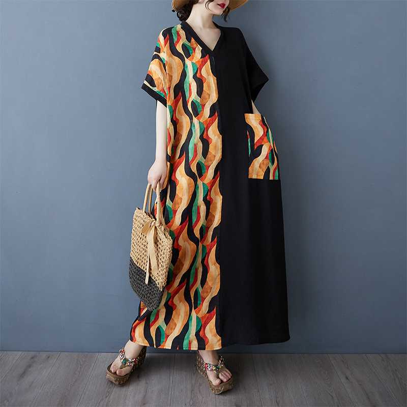 Colorful Patchwork Black Long Dress Vintage Robe