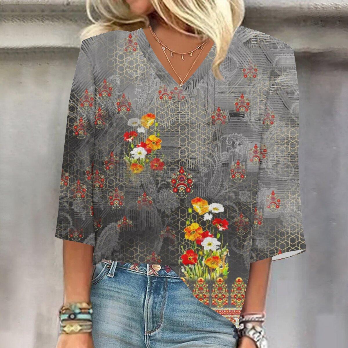 

2023 Весенне-осенний новый модный топ с рукавом 3/4 и принтом