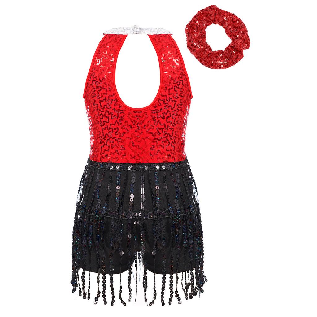 Meisjes Glanzende Pailletten Leotard Jurk Keyhole Achterkant Kwastjes Mouwloos Latijnse Jazz Hoofddeksel Set