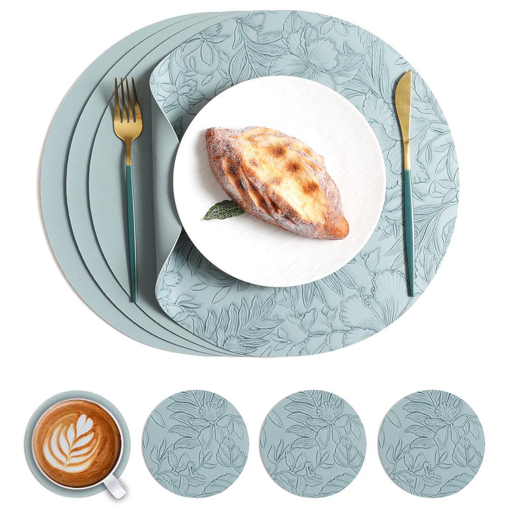 Wind-carved round leather placemat, anti-scalding and heat-insulating mat, waterproof and oil-proof plate mat, tableware mat, coaster