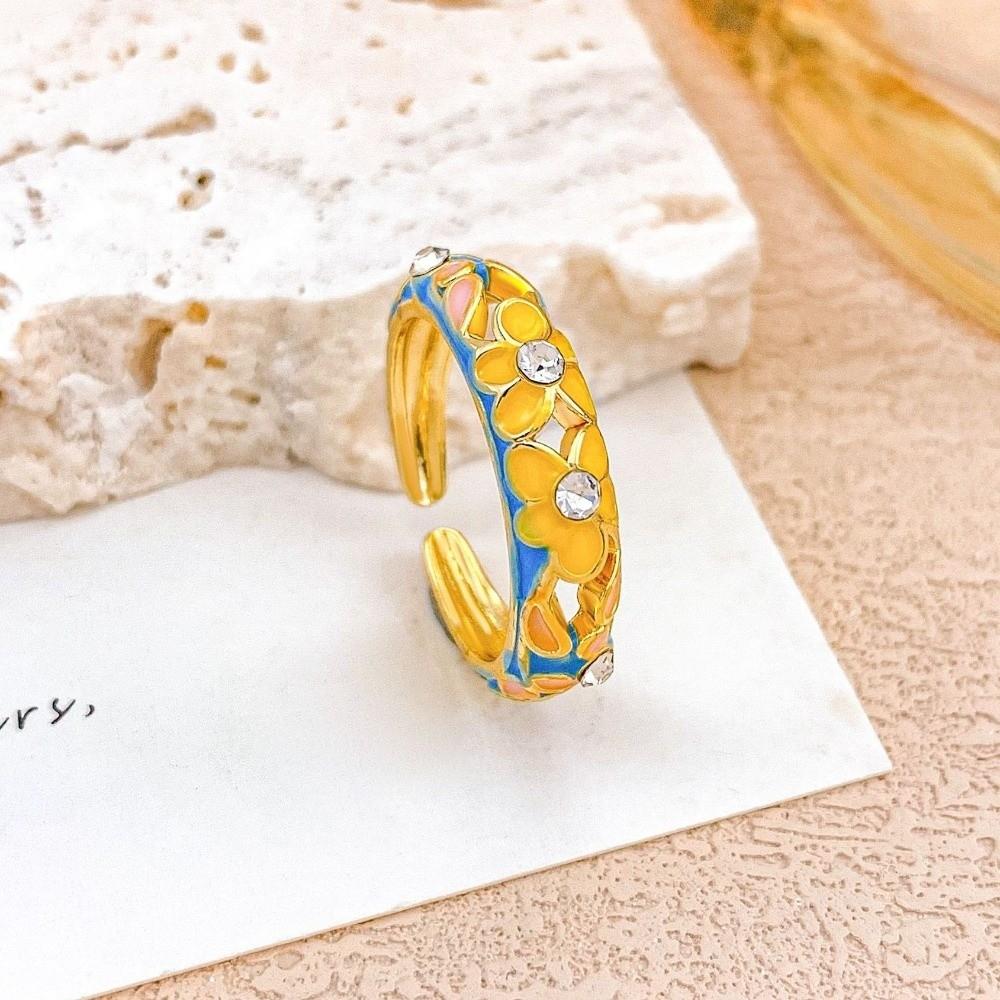 Hollow Out Vintage Geometric Rings Classic Gold Plated Ring Colorful Enamel Flower Rings  Romantic