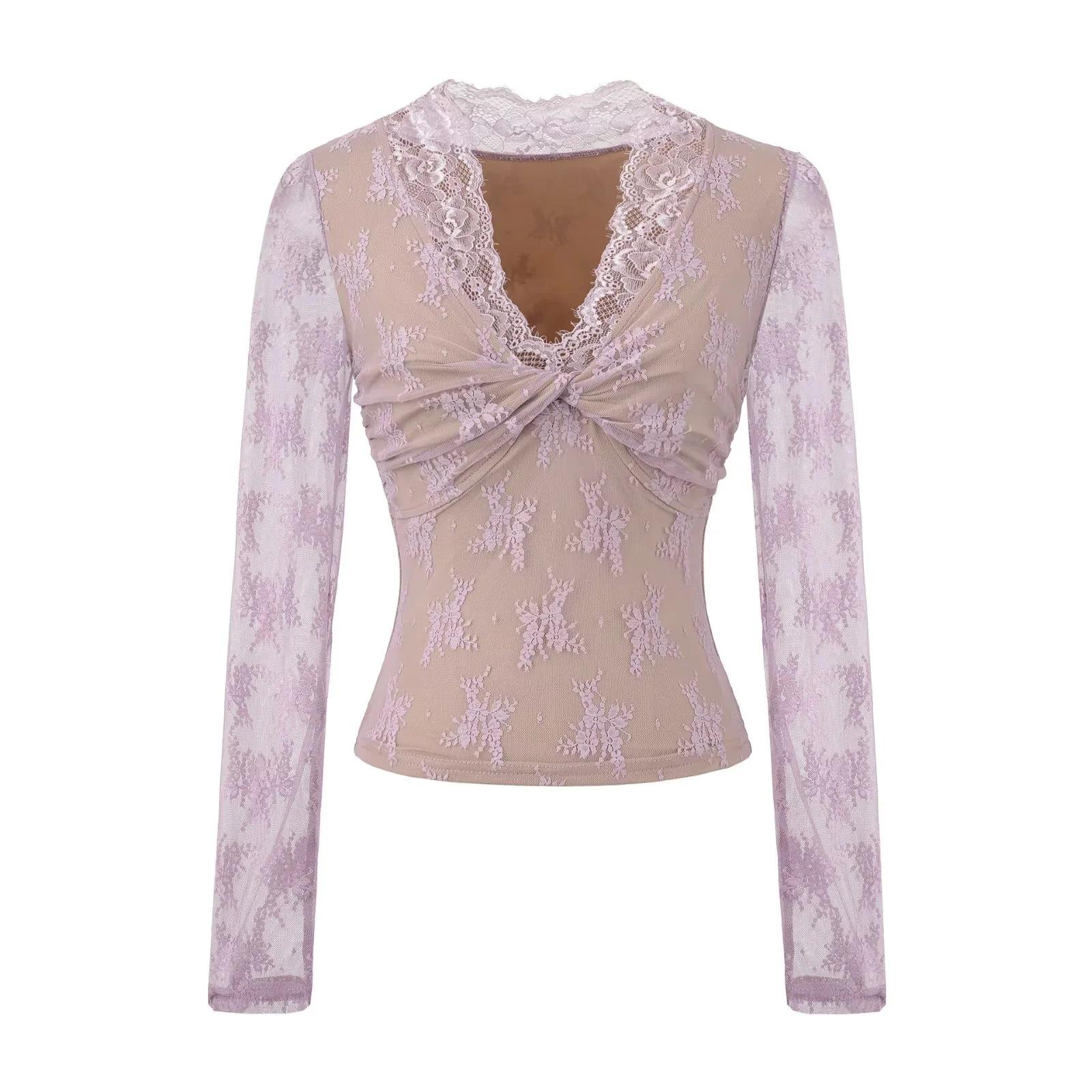 Euro-American Lace V-Neck Long Sleeve Slimming Top Medium лиловый/фиолетовый