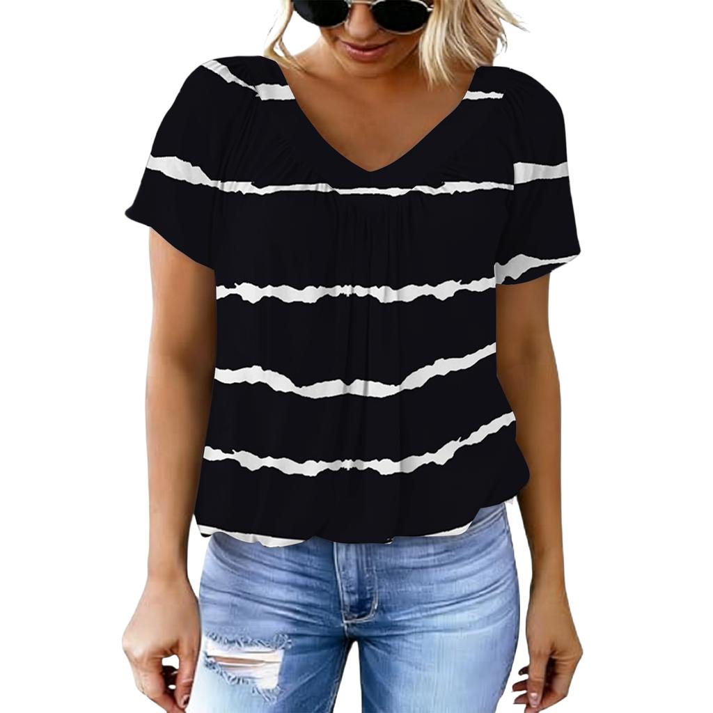 Women's Casual V Neck Short Sleeve Top Geometric Print Pleated Design Lightweight Soft Fabric Blouse for Everyday Wear