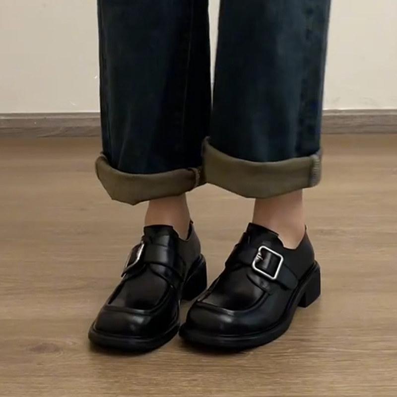 British temperament square head thick heel single shoes women's retro platform heightening loafers small leather shoes