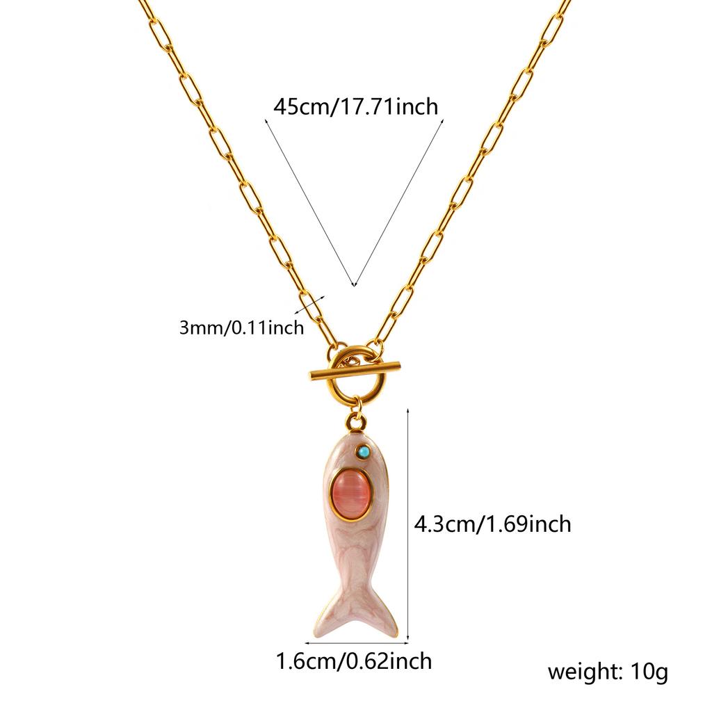 Fisch Emaille Blaue Strasssteine Anhänger Charm Halskette 18K Gold Beschichtet 304 Edelstahl Paperclip Glieder Kette Ozean 45cm(17.7 ")lange