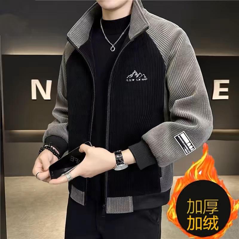2026 Autumn and Winter New Velvet Thickened Men's Stand-up Collar Jacket Korean Version Splicing Casual Corduroy Jacket Men