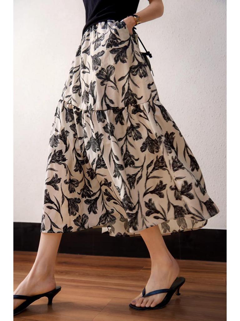Spring 2025 A-line Printed Midi Skirt with Elastic Waist - QZE891127AL