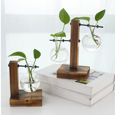 Glas-Terrarium Pflanzgefäß Glühbirnen-Vase mit Retro Massivholz-Ständer Pflanzenvermehrungsröhrchen Hydrokultur-Vase für Heim-Garten-Dekor