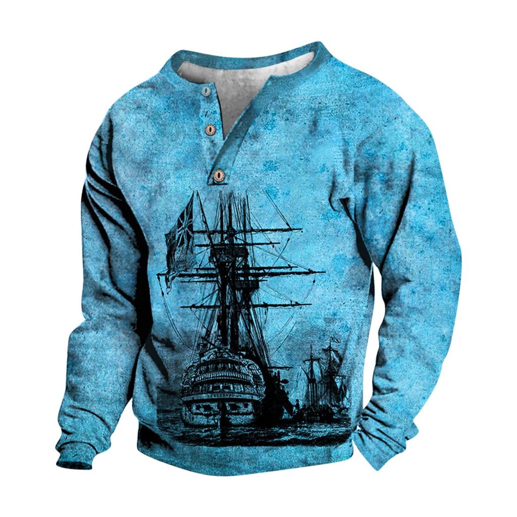 Pullover mit V-Ausschnitt für Herren, 3D-Digitaldruck, Stehkragen, 3 Knöpfe, Vintage-Kragen