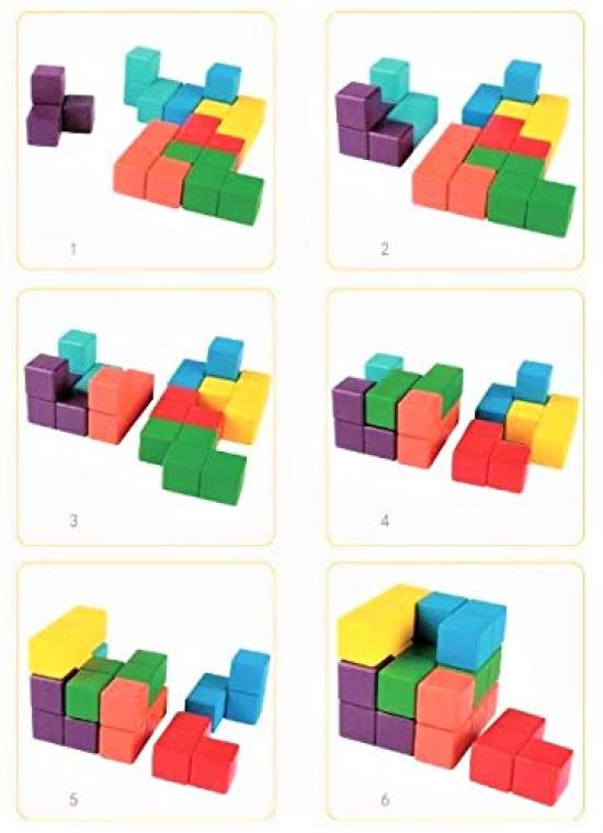 Pipitto Wooden Tetris Blocks, 7-Piece Assembly Cube Puzzle for Brain Training and Anti-Aging