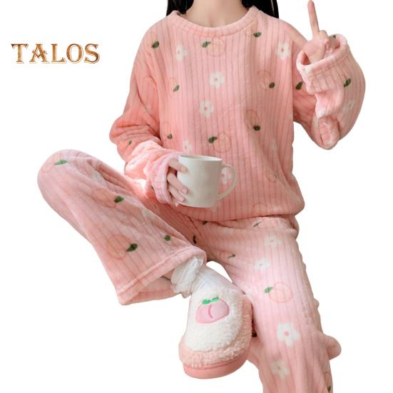 Ensemble de pyjama d'hiver 2 pièces pour femme, col rond, motif ours et pêche, manches longues, polaire corail, vêtements d'intérieur, haut et pantalon, vêtements de détente amples pour femme