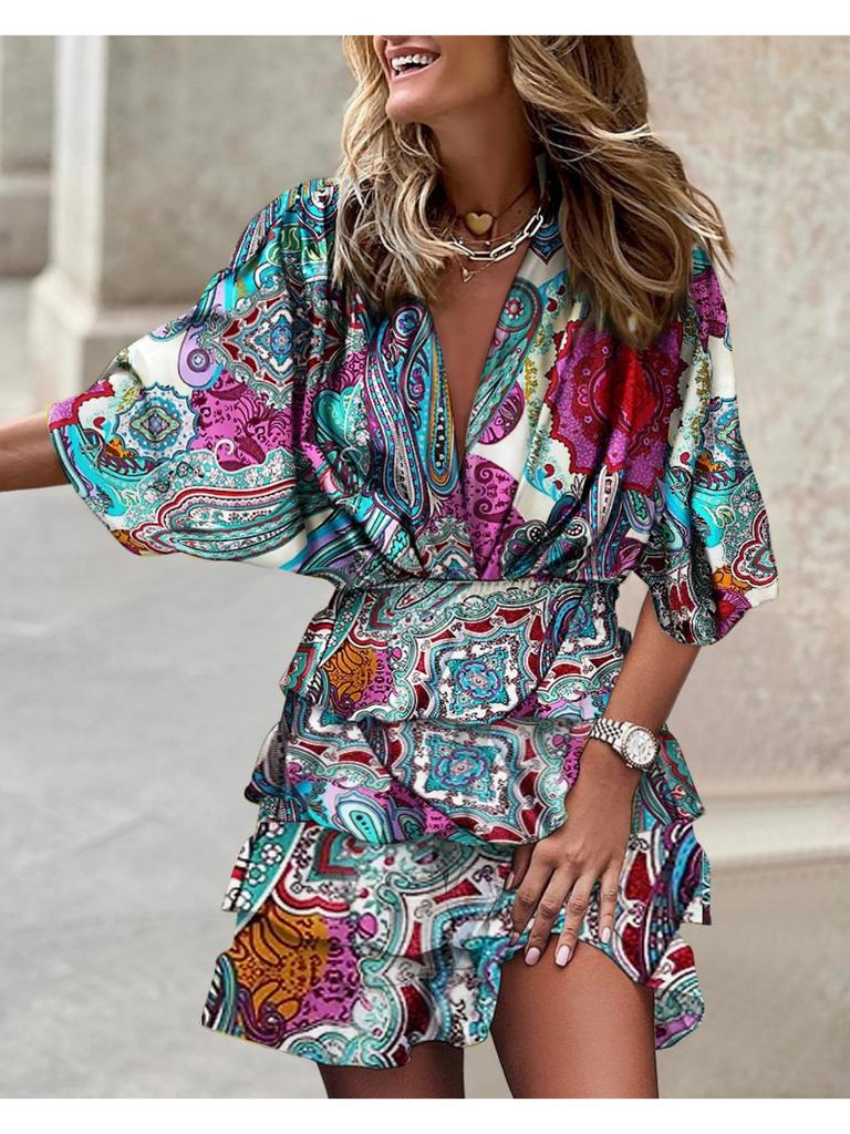 V Neck Print Flower Dress Waist Hugging  Elegant Pleated Dress for Women Short Sleeve Loose Dresses Causal Dress