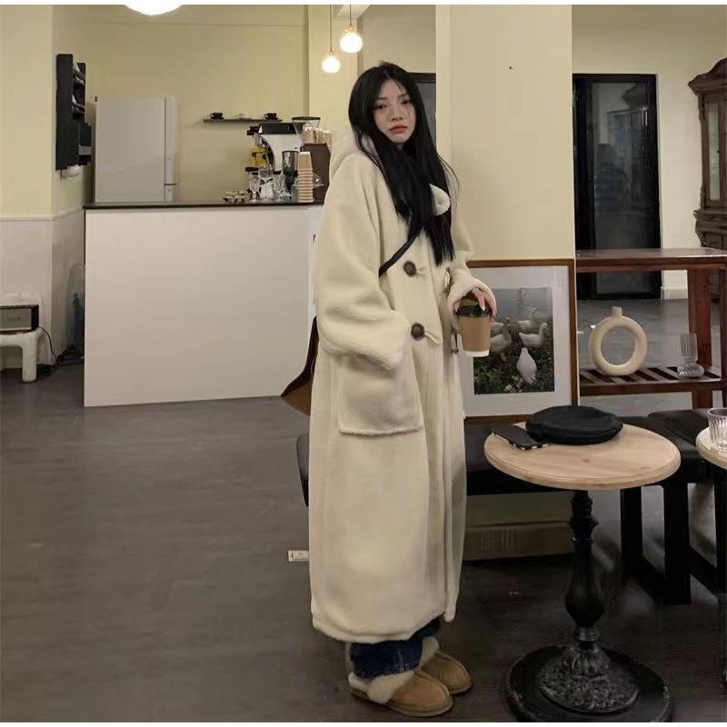 Mid Length Korean Thick Overcoat Cowhorn Button Loose Coat Winter Warm Female Fleece Hoodies Jacket Woman Lamb Wool Coats