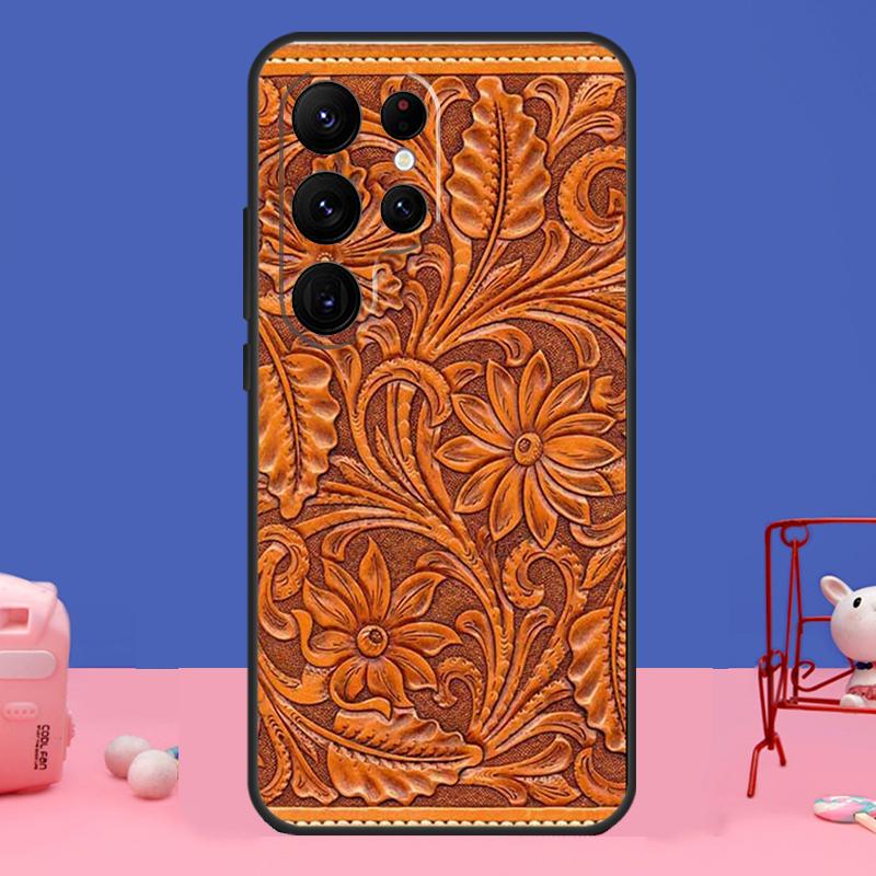 Brown Tooled Leather Pattern Case For Samsung Galaxy S24 S23 S22 Ultra S20 S21 FE Note 20 S8 S9 S10 Note 10 Plus Cover