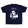 Freya Skye Brand Name Split TShirt Vintage Black  White Portrait with Light Blue Deepening Black Base Womens Tshirt
