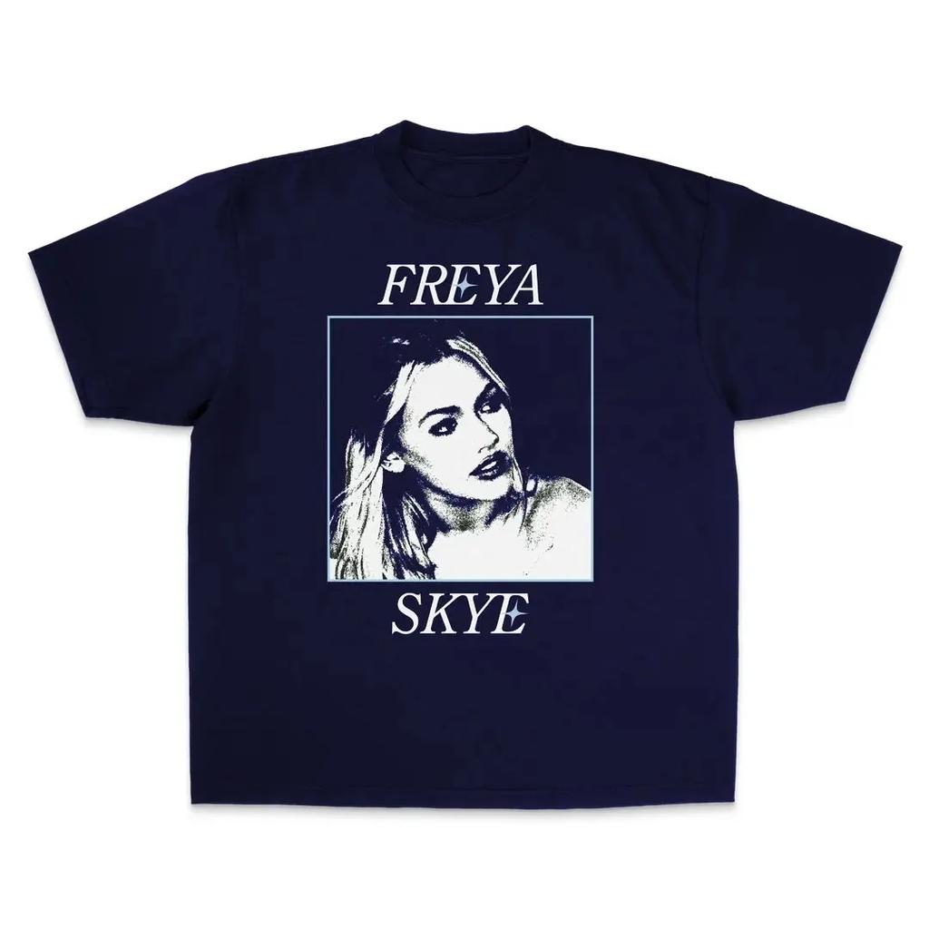 Freya Skye Brand Name Split TShirt Vintage Black White Portrait with Light Blue Deepening Black Base Womens Tshirt