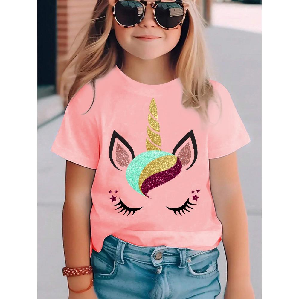 Summer Fashion Girls' Short Sleeved T-shirt "Unicorn" Printed Casual Versatile Top